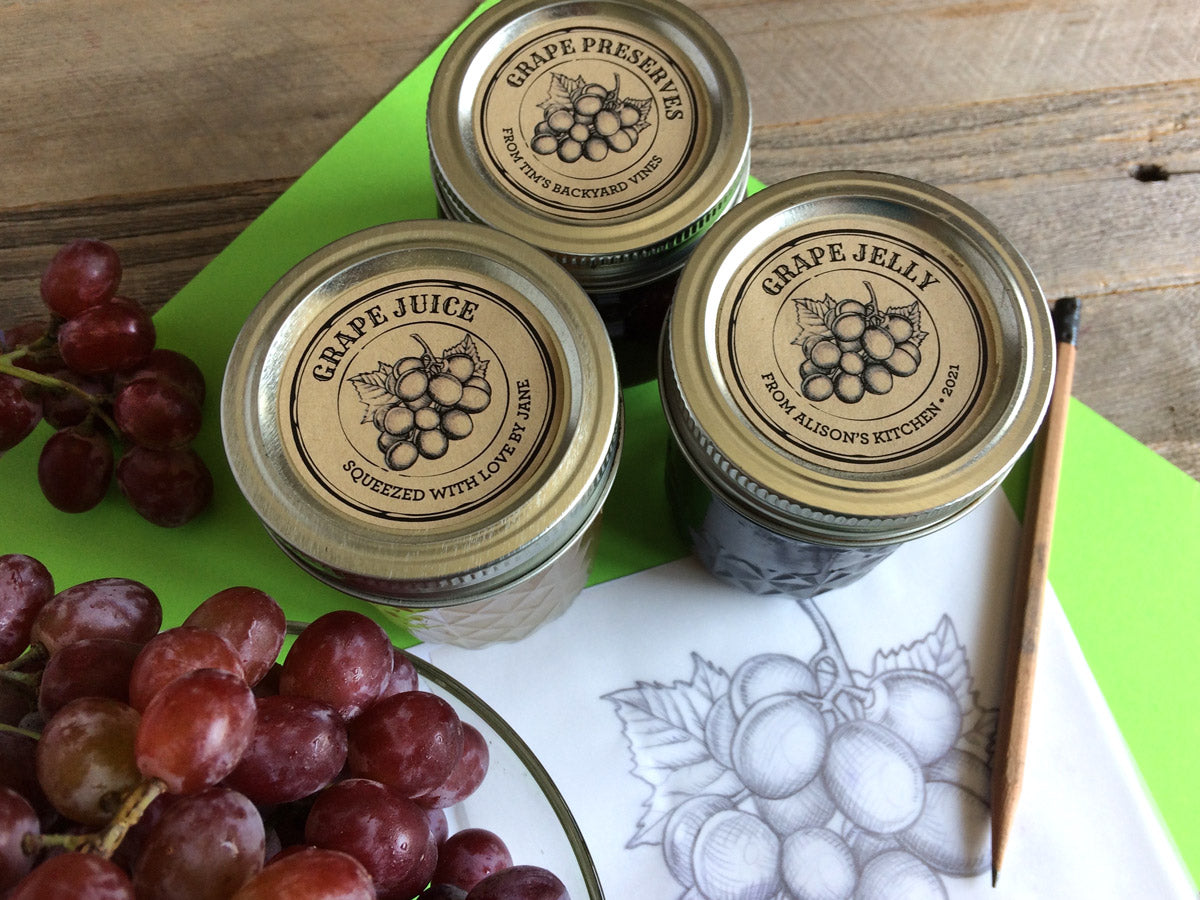 Custom Kraft Apothecary Grape Jelly, Preserves, and Juice Canning Labels | CanningCrafts.com