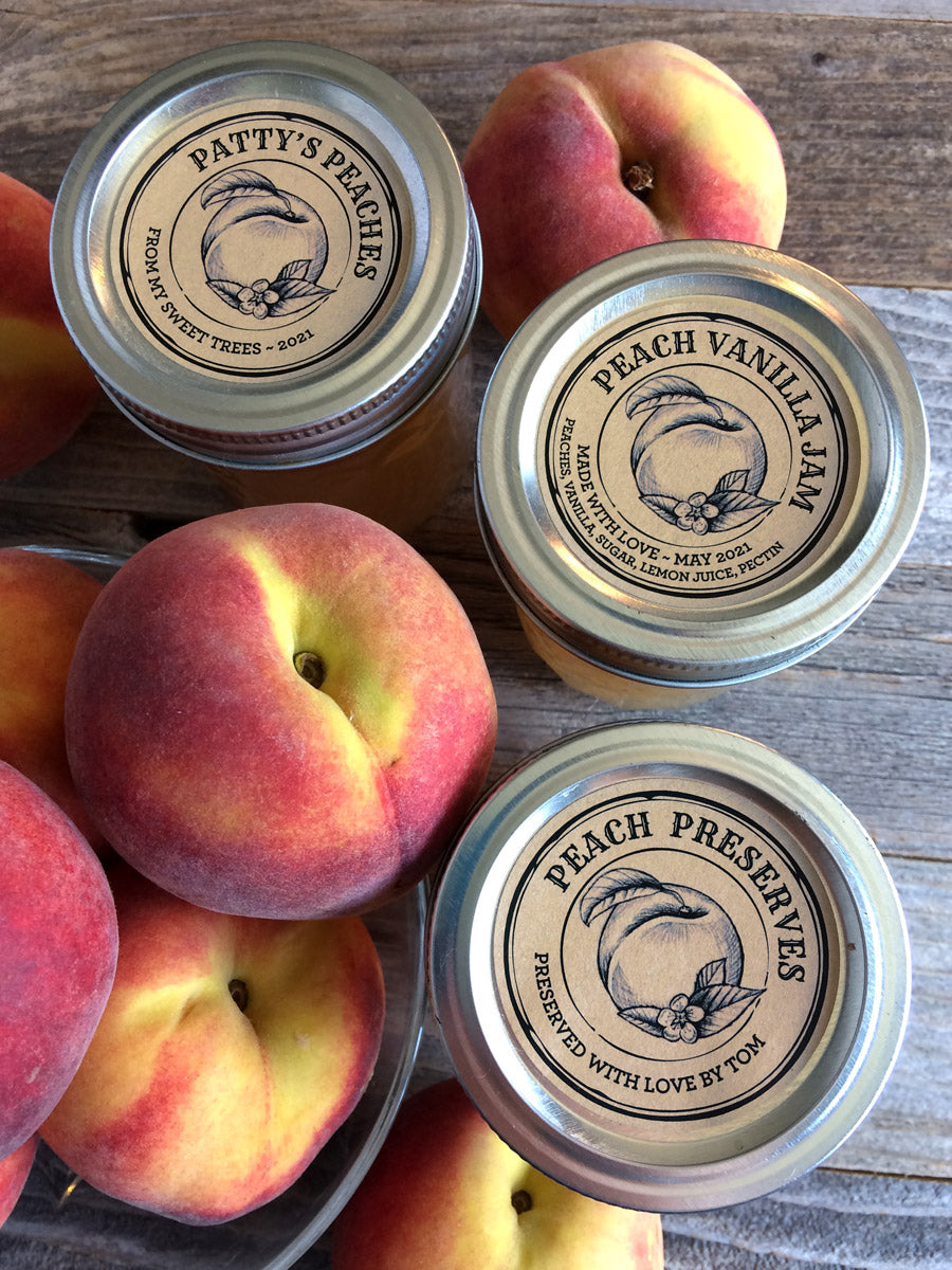 Custom Kraft Apothecary Peach Canning Labels for jam and preserves | CanningCrafts.com