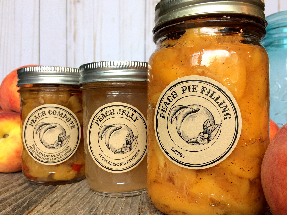 Custom Kraft Apothecary Peach Canning Jar Labels for jam, jelly, and pie filling | CanningCrafts.com