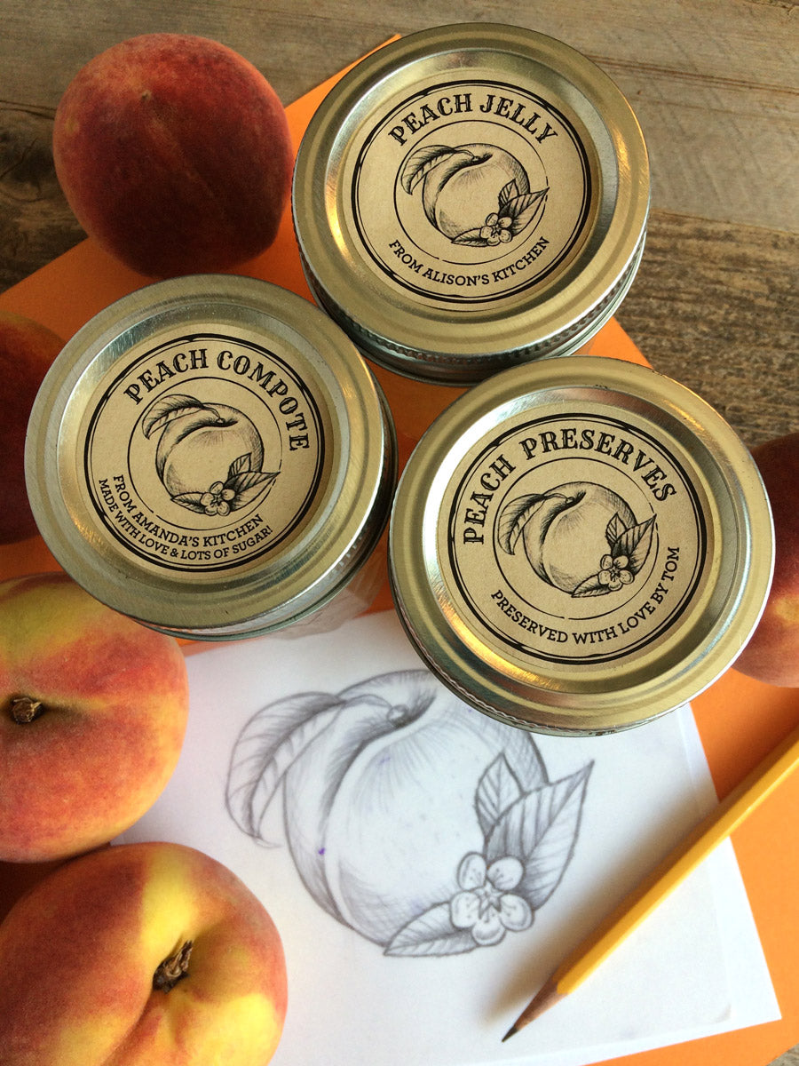 Custom Kraft Apothecary Peach Canning Labels for jam, jelly, preserves, compote, or pie filling | CanningCrafts.com
