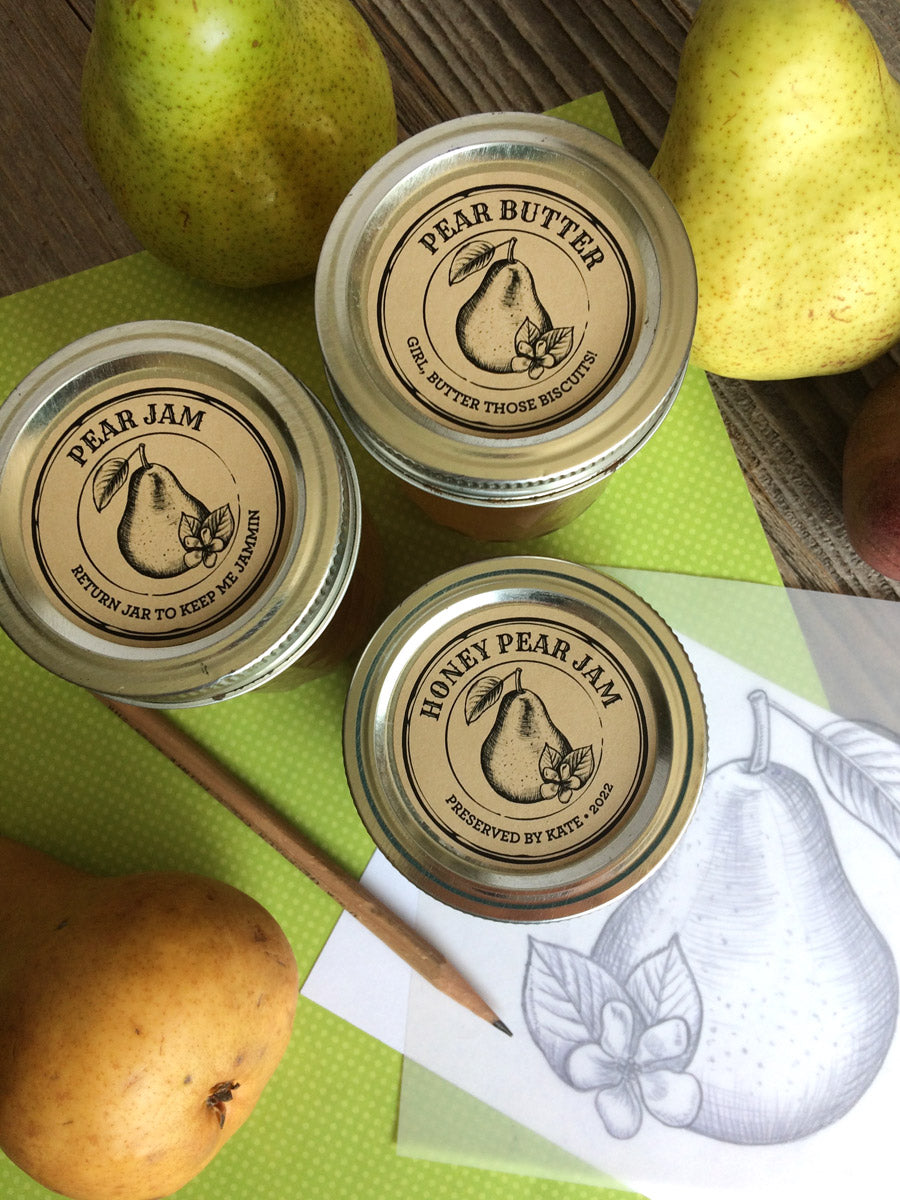 Custom Kraft Apothecary Pear Canning Labels for butter & jam | CanningCrafts.com