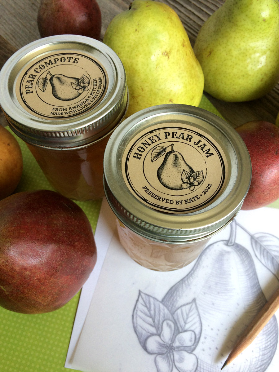 Custom Kraft Apothecary Pear Canning Labels for jam & fruit compote | CanningCrafts.com