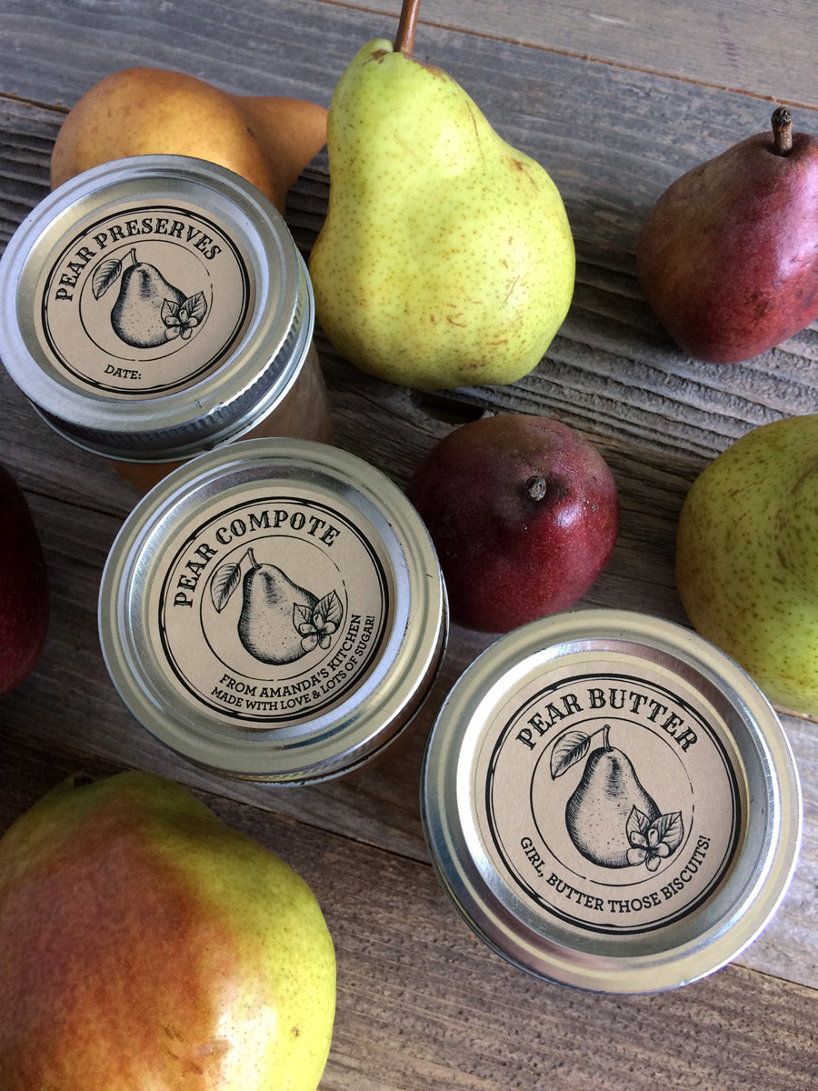 Custom Kraft Apothecary Pear Mason Jar Labels for home canned preserves, butter, & fruit compote | CanningCrafts.com