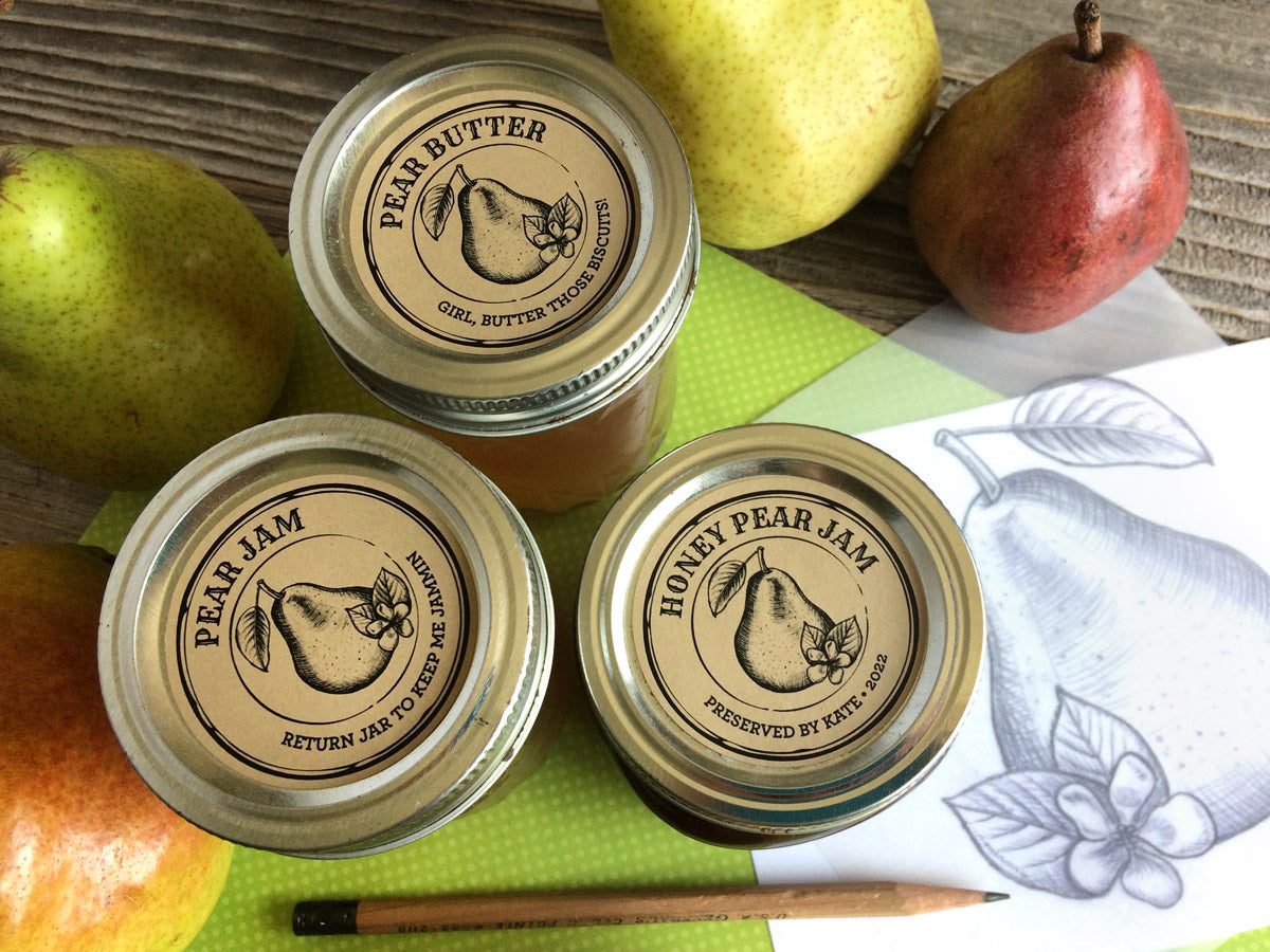 Custom Kraft Apothecary Pear Canning Labels for jam, jelly, & butter | CanningCrafts.com