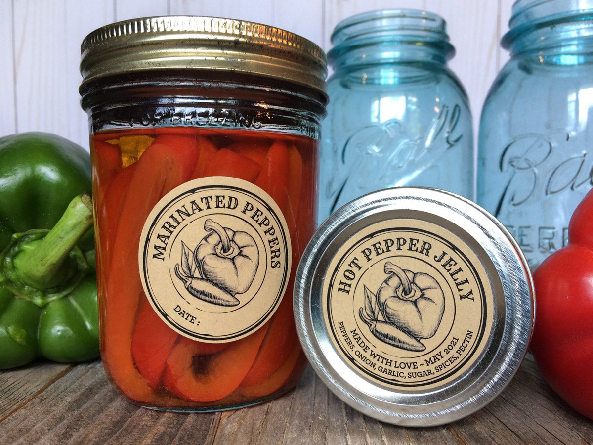 Custom Kraft Apothecary Pepper Canning Labels for hot pepper jelly and marinated peppers | CanningCrafts.com
