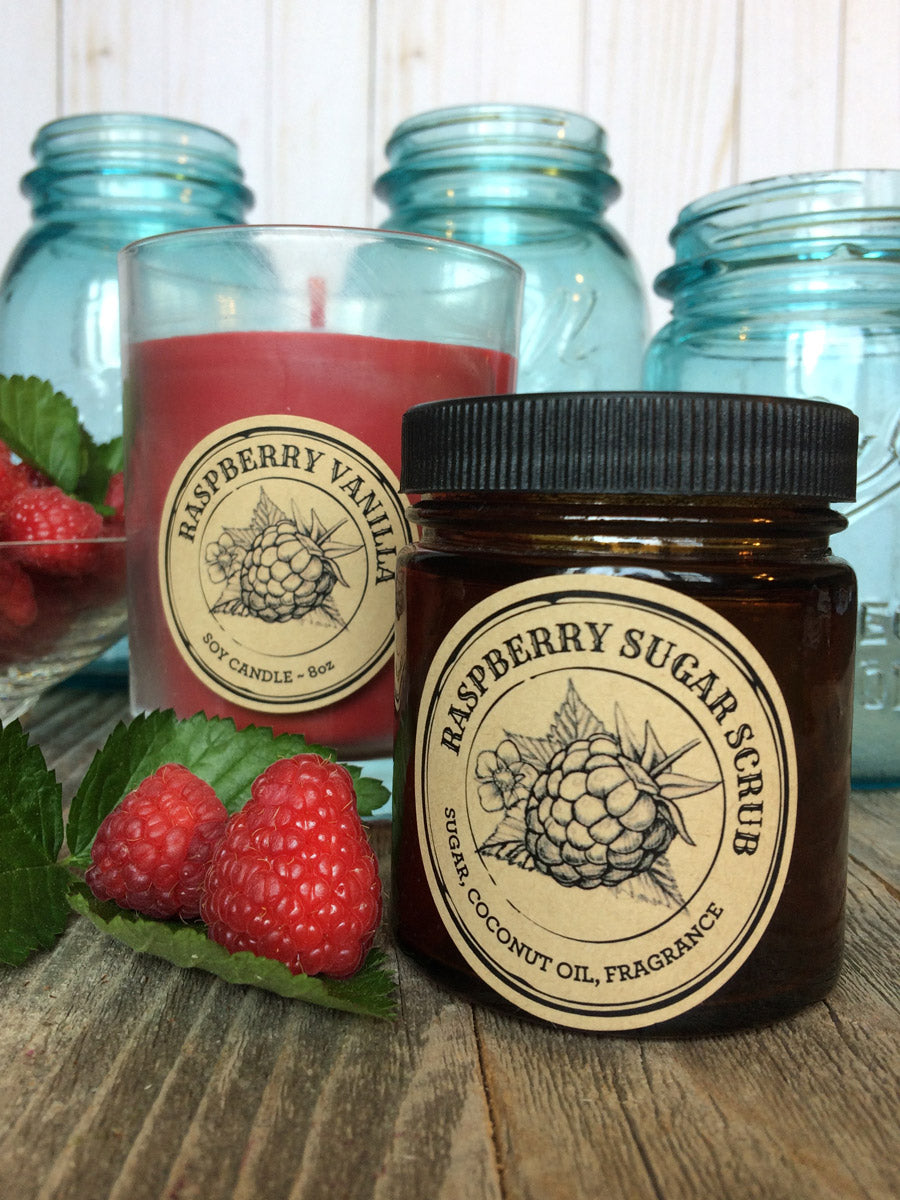 Custom Kraft Apothecary Raspberry Sugar Scrub and Candle Jar Labels | CanningCrafts.com