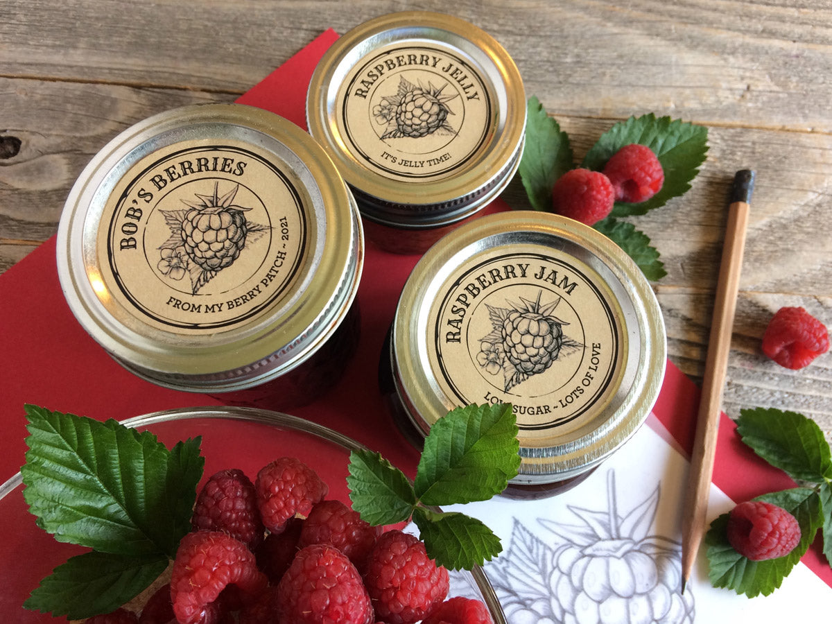 Custom Kraft Apothecary Raspberry Jam and Jelly Canning Labels for mason jar lids | CanningCrafts.com