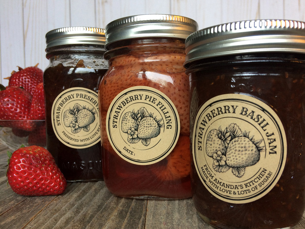 Custom Kraft Apothecary Strawberry Jam and Pie Filling Canning Labels | CanningCrafts.com