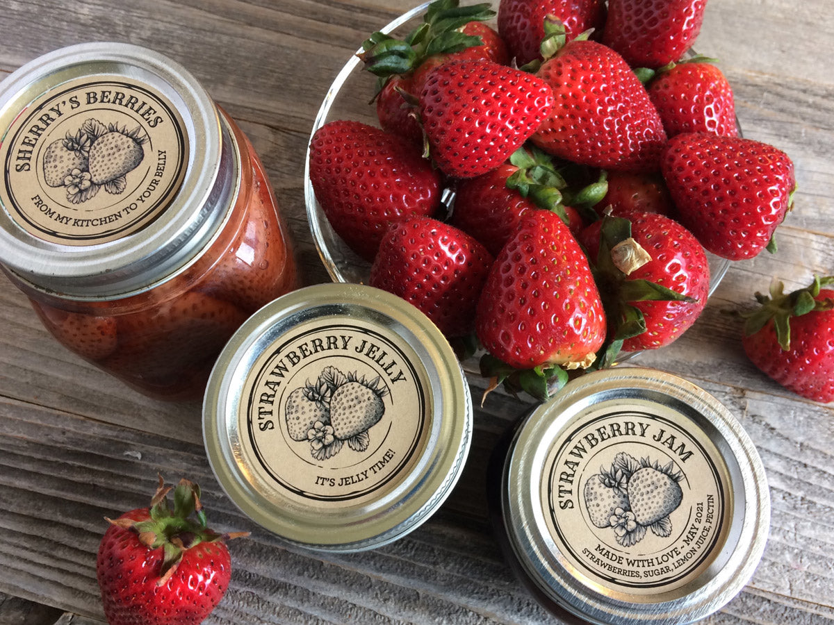 Custom Kraft Apothecary Strawberry Jam and Jelly Canning Lid Labels for mason jars | CanningCrafts.com