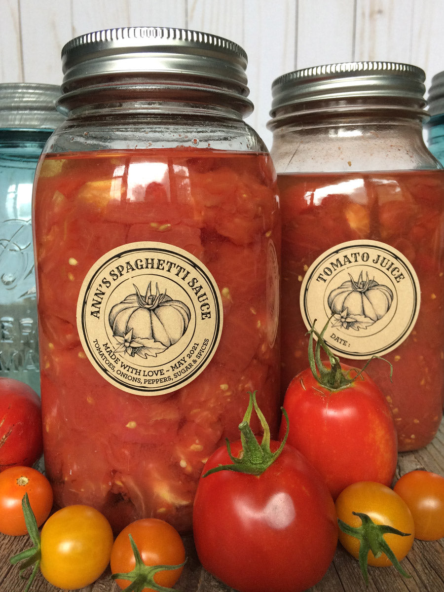 Custom Kraft Apothecary Tomato Spaghetti Sauce and Juice Canning Labels | CanningCrafts.com