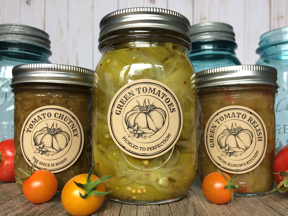 Custom Kraft Apothecary Tomato Canning Labels for pickled green tomatoes, chutney, and relish | CanningCrafts.com