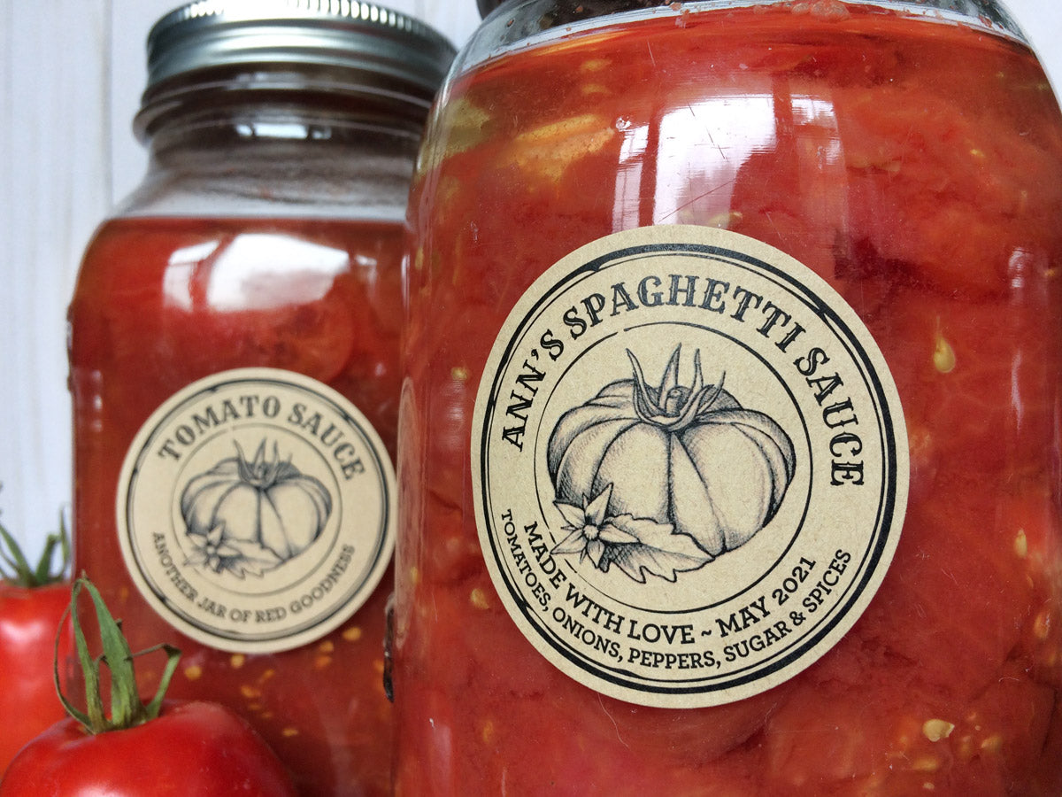 Custom Kraft Apothecary Tomato Canning Labels for spaghettis sauce and juice| CanningCrafts.com