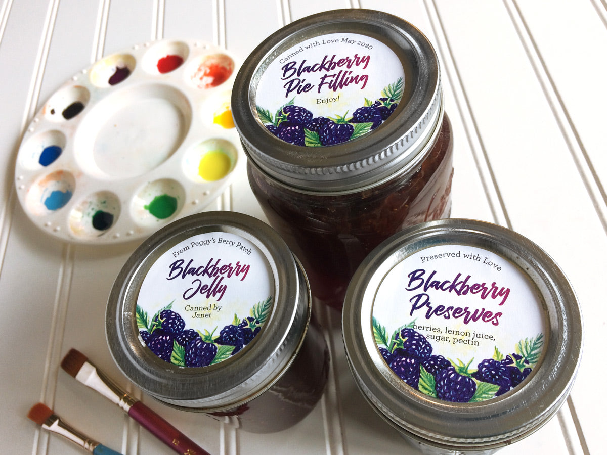 Custom Watercolor Blackberry Jelly and Preserves Mason Canning Jar Labels | CanningCrafts.com