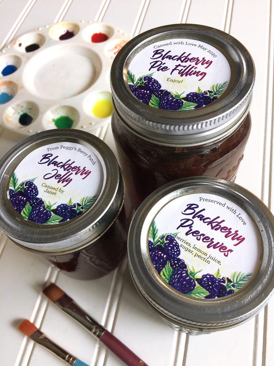 Custom Watercolor Blackberry Jelly and Preserves Mason Canning Jar Labels for regular and wide mouth jar lids | CanningCrafts.com
