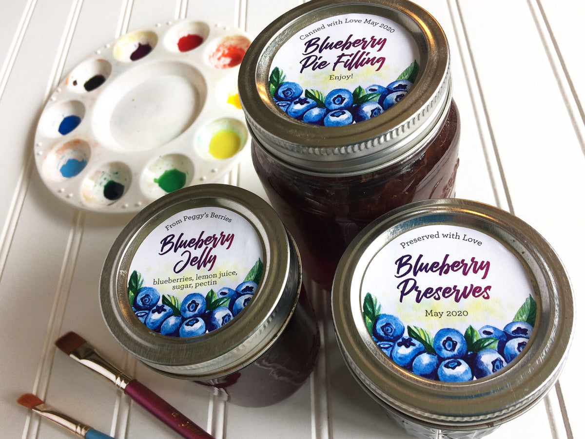 Custom Watercolor Blueberry Canning Labels for jam, jelly, preserves, and pie filling | CanningCrafts.com