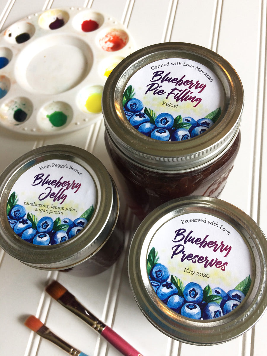 Custom Watercolor Blueberry Mason Canning Jar Labels for home preserved jam, jelly, preserves, and pie filling | CanningCrafts.com