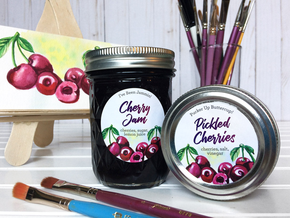 Custom Watercolor Cherry Jam and Pickled Cherries Canning Labels | CanningCrafts.com