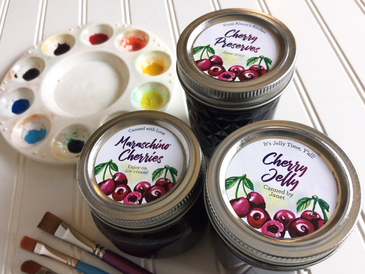Custom Watercolor Cherry Jelly, Preserves, and Maraschino Cherries Canning Labels | CanningCrafts.com