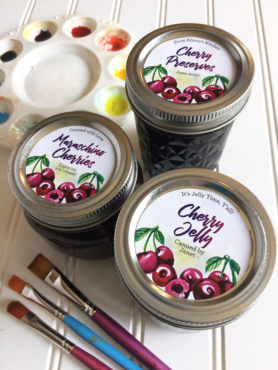 Custom Watercolor Cherry Jelly, Preserves, and Maraschino Cherries Mason Canning Jar Labels | CanningCrafts.com