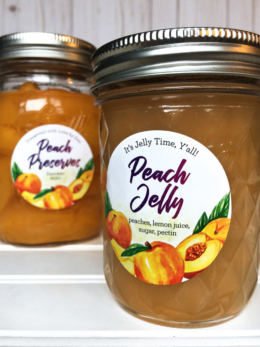 Custom Watercolor Peach Jelly and Preserves Canning Labels for home preserved food in mason jars | CanningCrafts.com