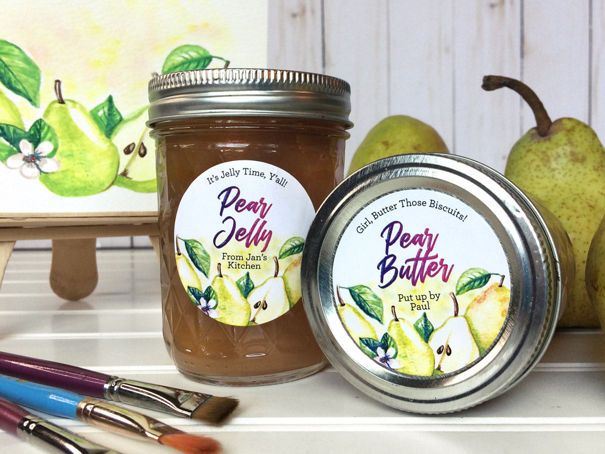 Custom Watercolor Pear Canning Labels for jelly and butter | CanningCrafts.com