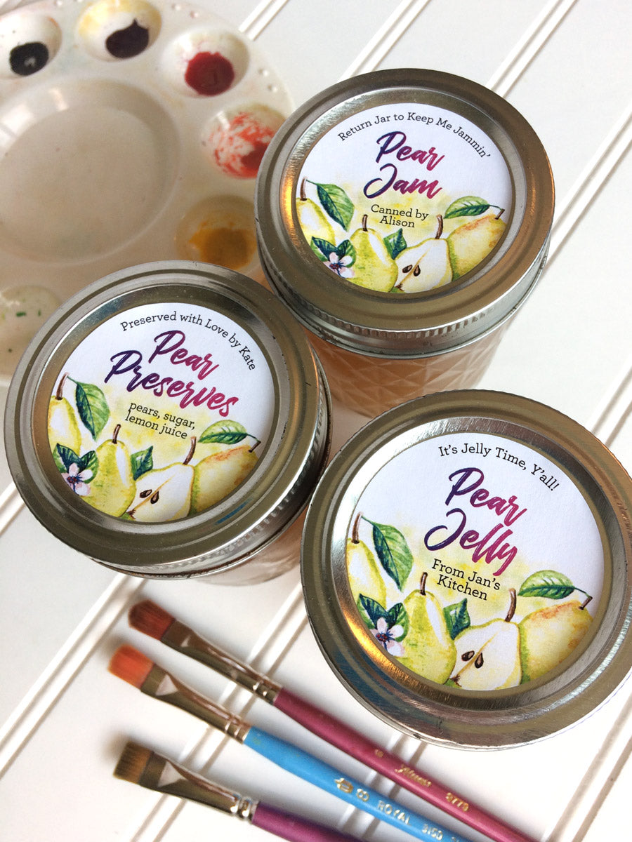 Custom Watercolor Pear Canning Labels for preserves, jelly, and jam jars | CanningCrafts.com