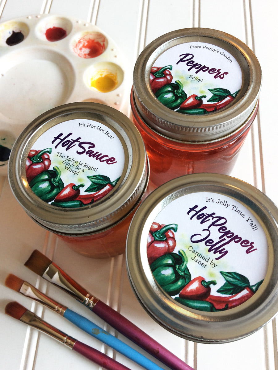 Custom Watercolor Pepper Mason Canning Jar Labels for regular and wide mouth lids | CanningCrafts.com