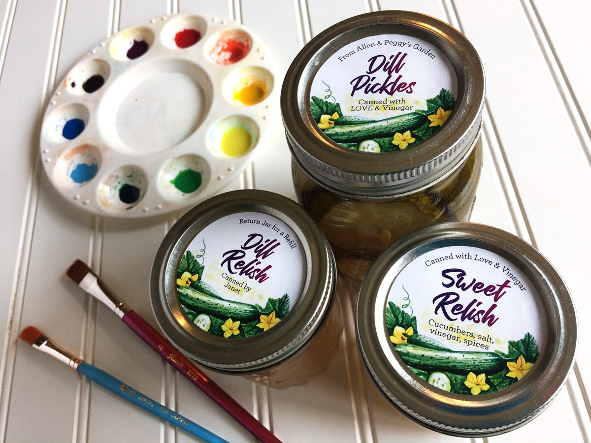 Custom Watercolor Dill Pickle and Sweet Relish Mason Canning Jar Labels | CanningCrafts.com