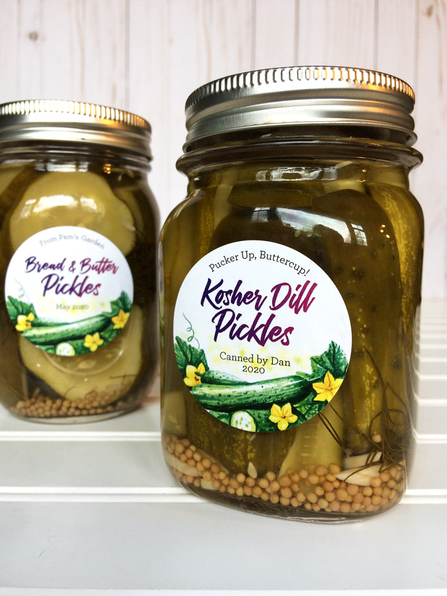 Custom Watercolor Kosher Dill and Bread and Butter Pickle Canning Jar Labels | CanningCrafts.com