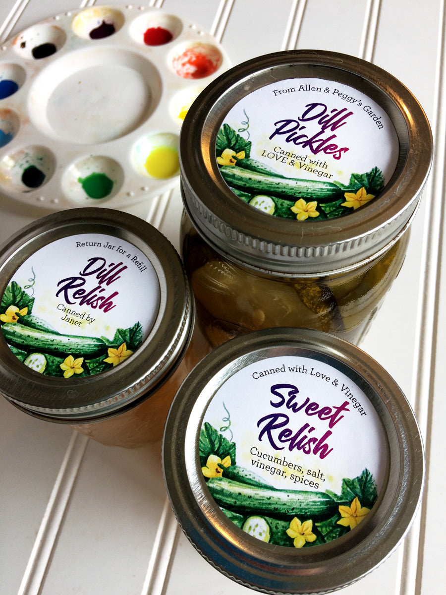 Custom Watercolor Dill Pickle and Sweet Relish Mason Canning Jar Labels | CanningCrafts.com