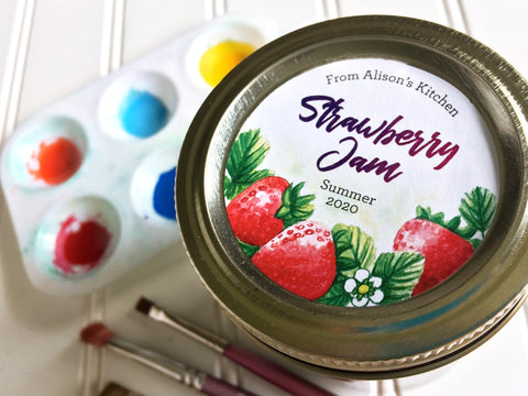 Custom Watercolor Strawberry Jam Canning Labels | CanningCrafts.com