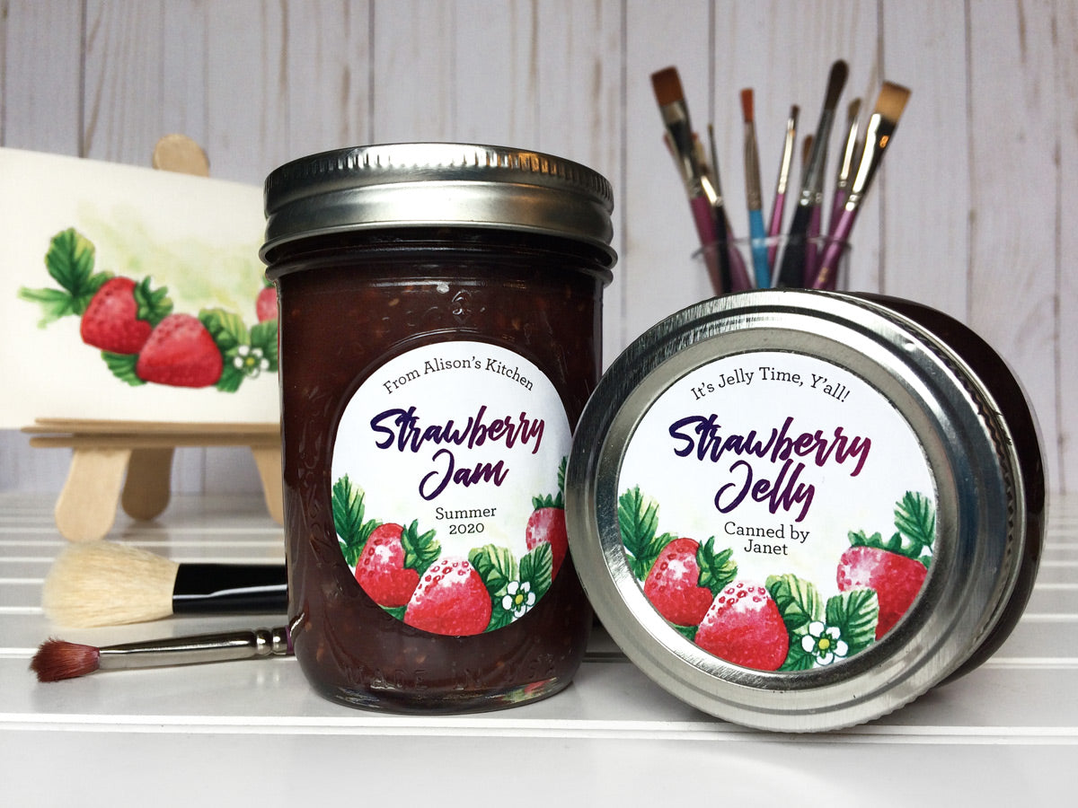 Custom Watercolor Strawberry Jam and Jelly Canning Jar Labels | CanningCrafts.com
