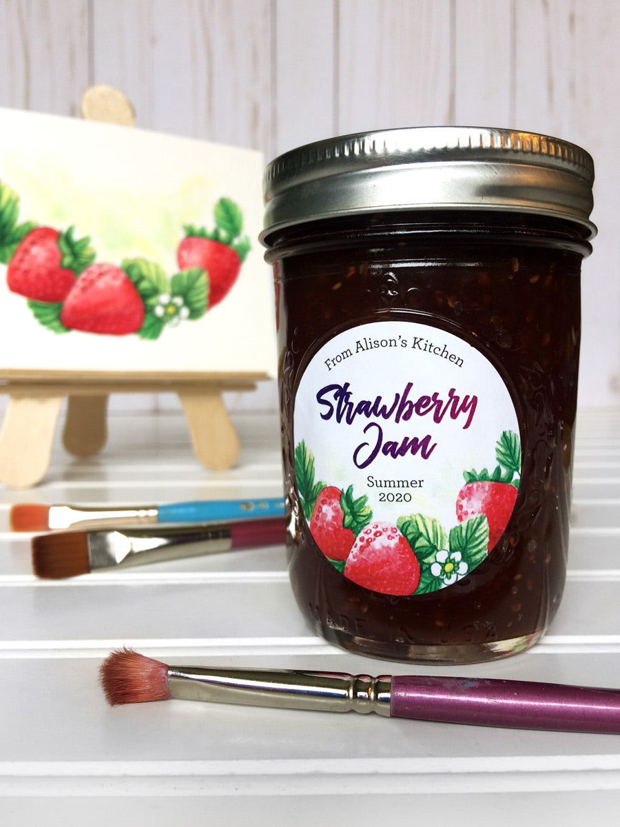 Custom Watercolor Strawberry Jam Canning Jar Labels | CanningCrafts.com