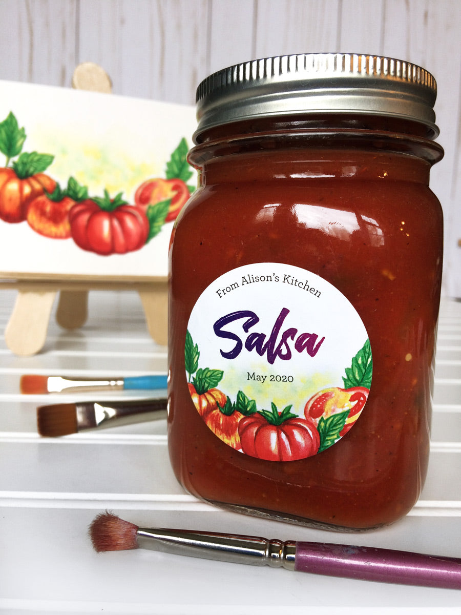 Custom Watercolor Tomato Salsa Canning Jar Labels | CanningCrafts.com