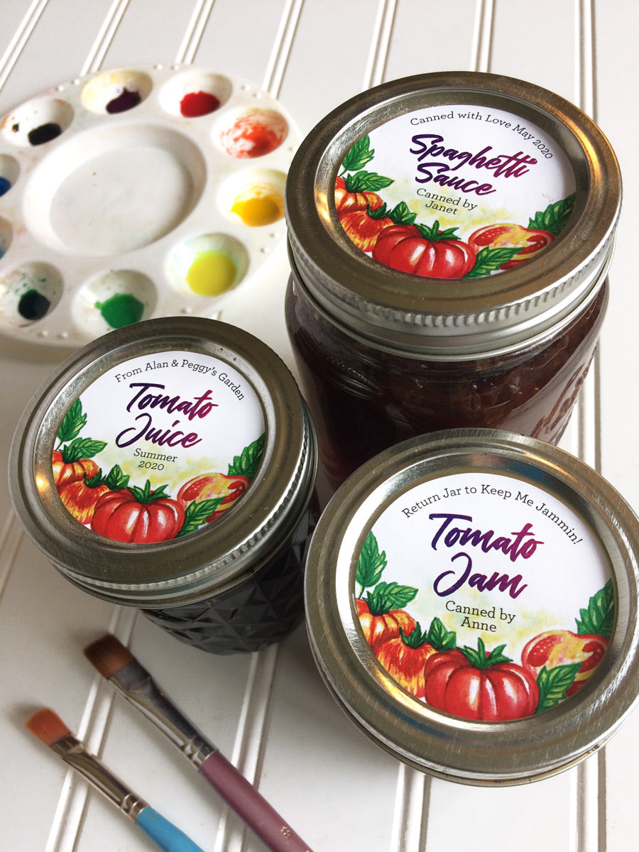 Custom Watercolor Tomato Canning Labels for Home Preserved Jam, Juice, Pizza or Spaghetti Sauce | CanningCrafts.com