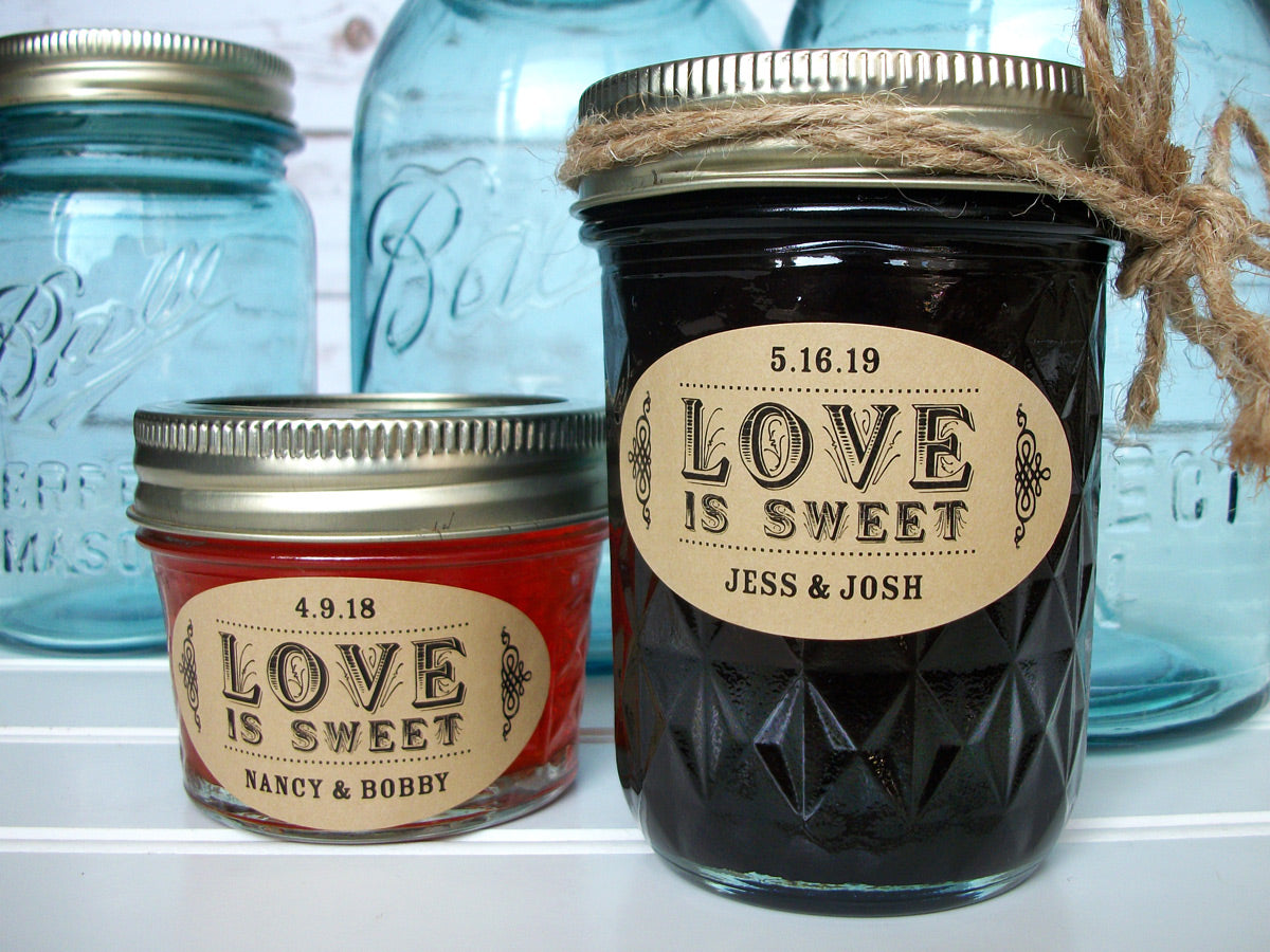 kraft oval Love is Sweet wedding jam jar favor labels | CanningCrafts.com