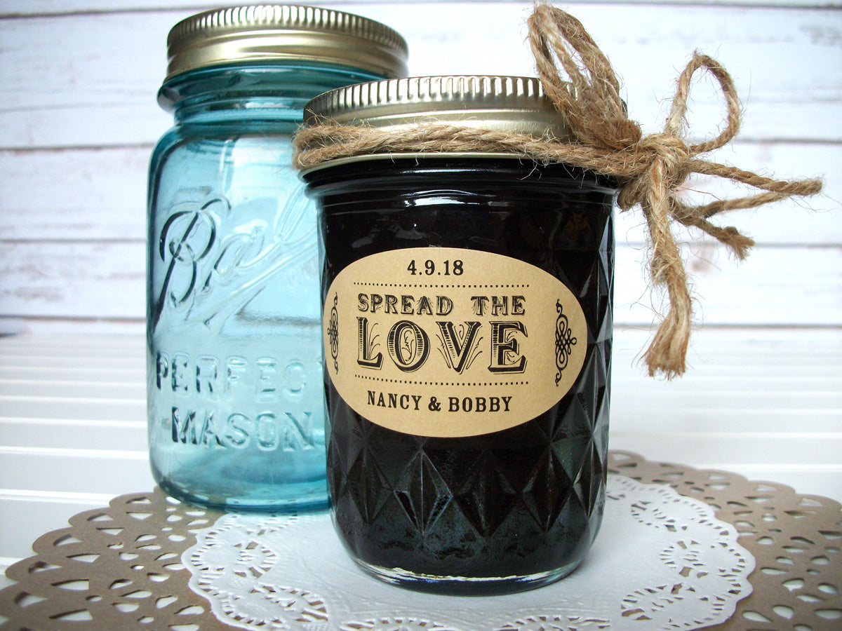 Kraft Paper Oval Spread the Love wedding canning jam jar labels | CanningCrafts.com