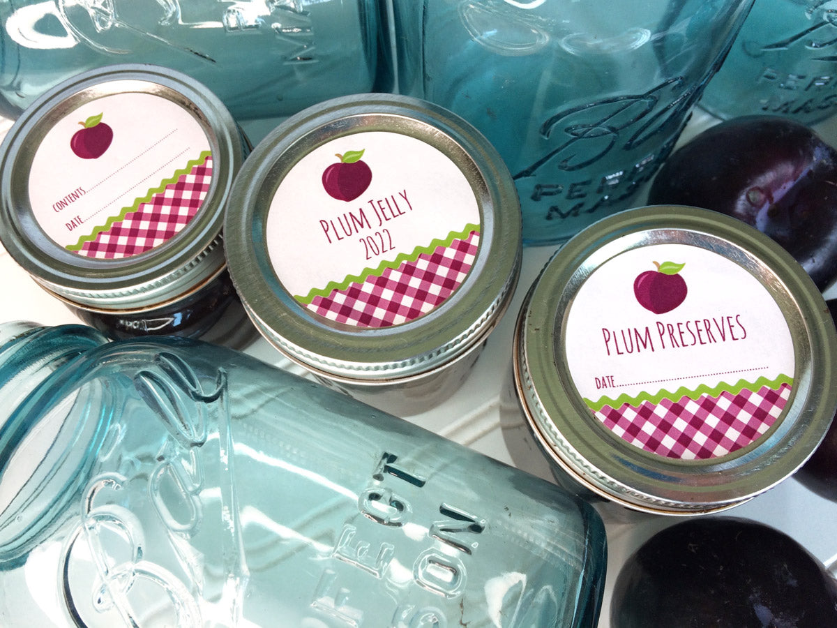 Gingham Plum Jelly and Preserves Mason Jar Lid Labels | CanningCrafts.com