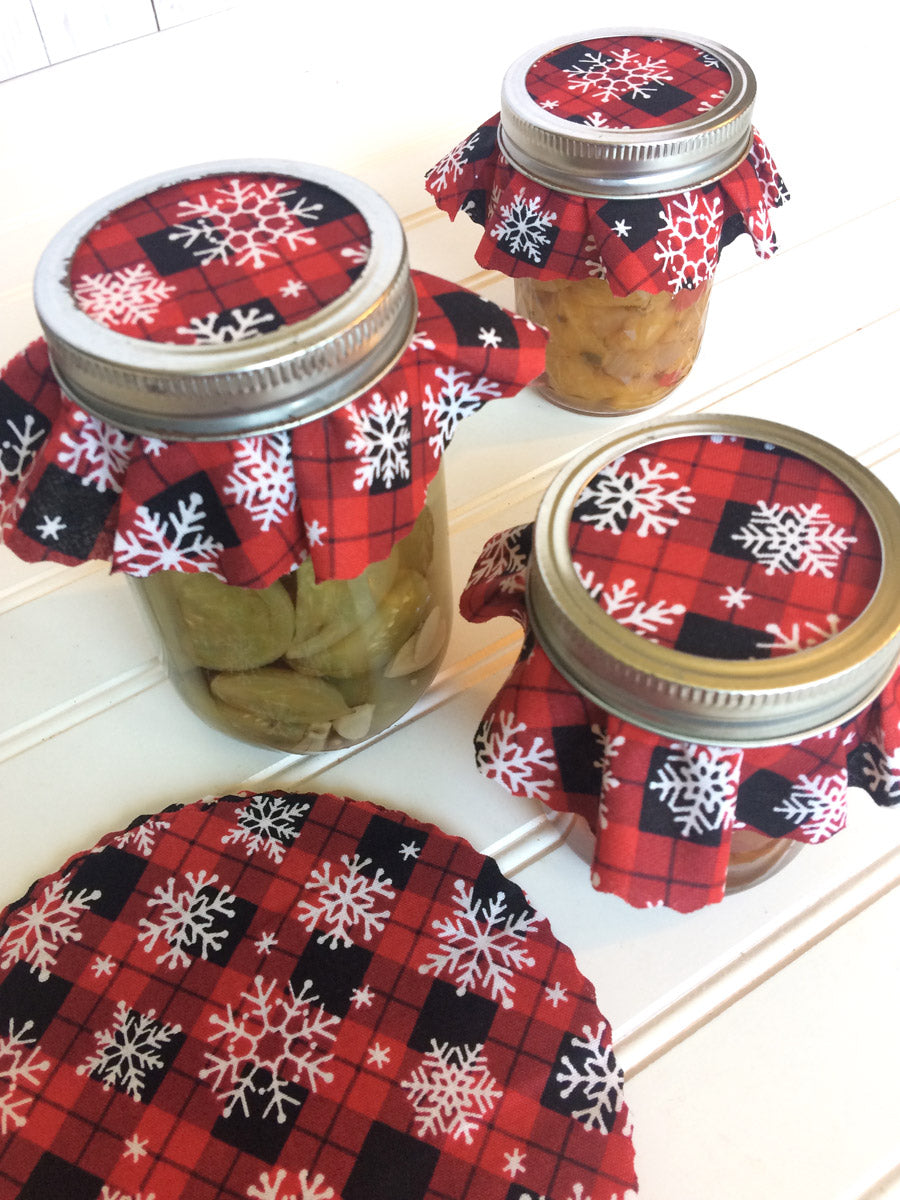 Red Buffalo Plaid Snowflake Christmas Jam Jar Covers | CanningCrafts.com