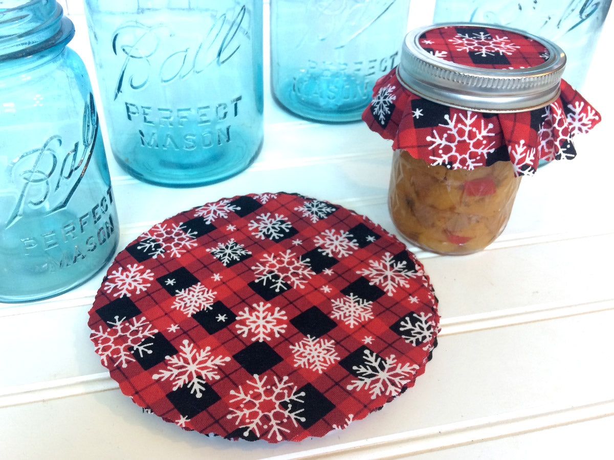 Red Buffalo Plaid Snowflake Christmas Jam Jar Covers | CanningCrafts.com