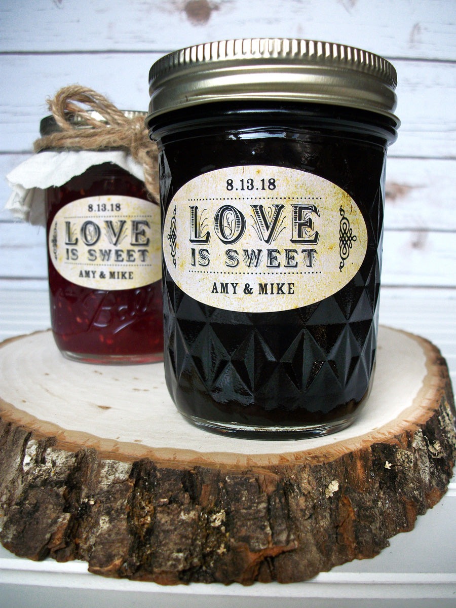 Vintage Oval Love is Sweet wedding jam jar favor labels | CanningCrafts.com