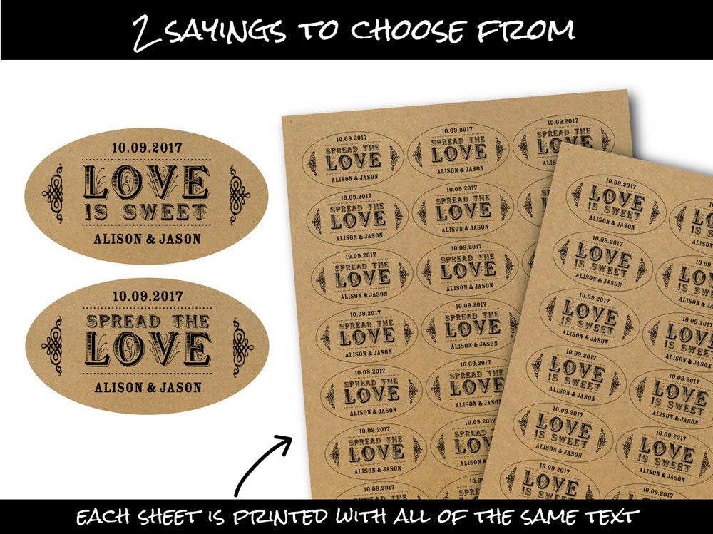 Spread the Love & Love is Sweet kraft oval wedding labels | CanningCrafts.com