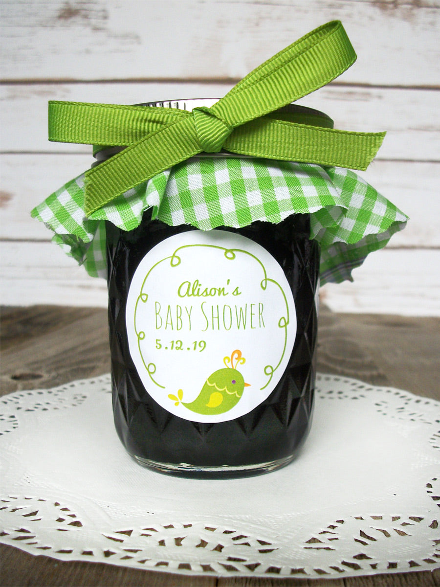 Custom Cute Bird Baby Shower Labels for baby boy girl favor jars
