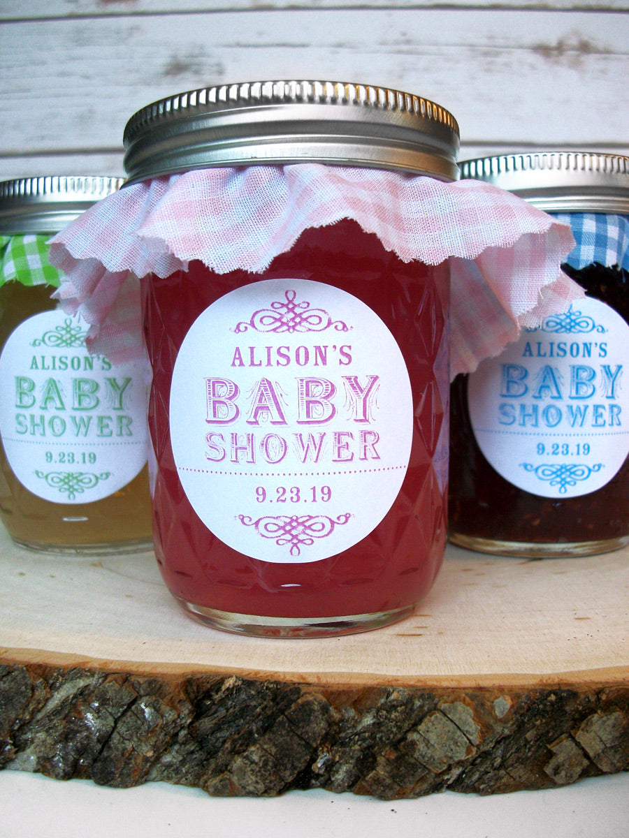 Custom vintage baby boy & girl shower favor labels for jam & jelly jar favors | CanningCrafts.com