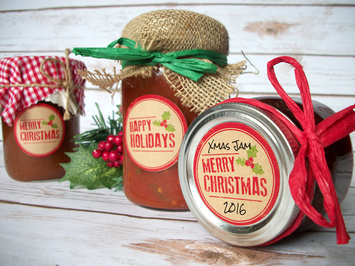 Rubber Stamp Merry Christmas or Happy Holidays Canning Labels | CanningCrafts.com