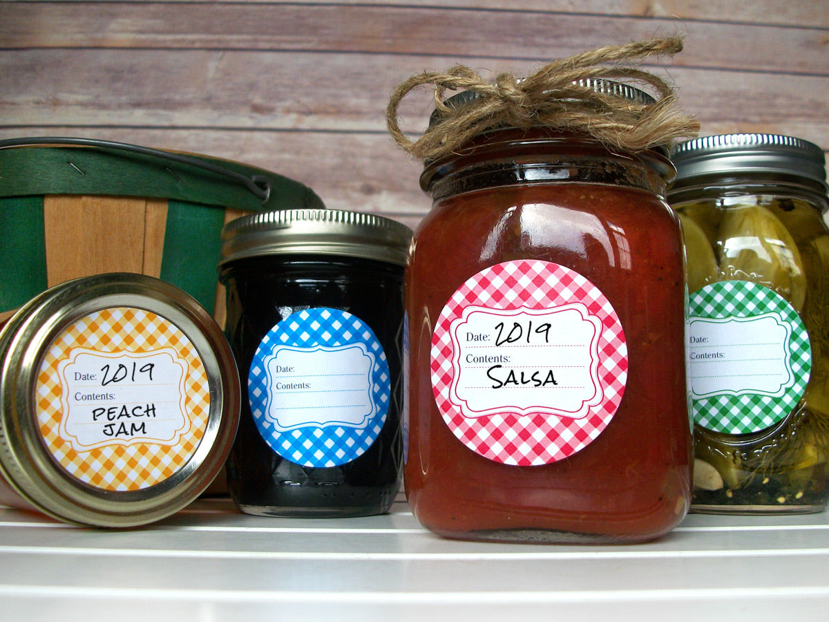 Classic Red Blue Green & Yellow Gingham Canning Labels | CanningCrafts.com