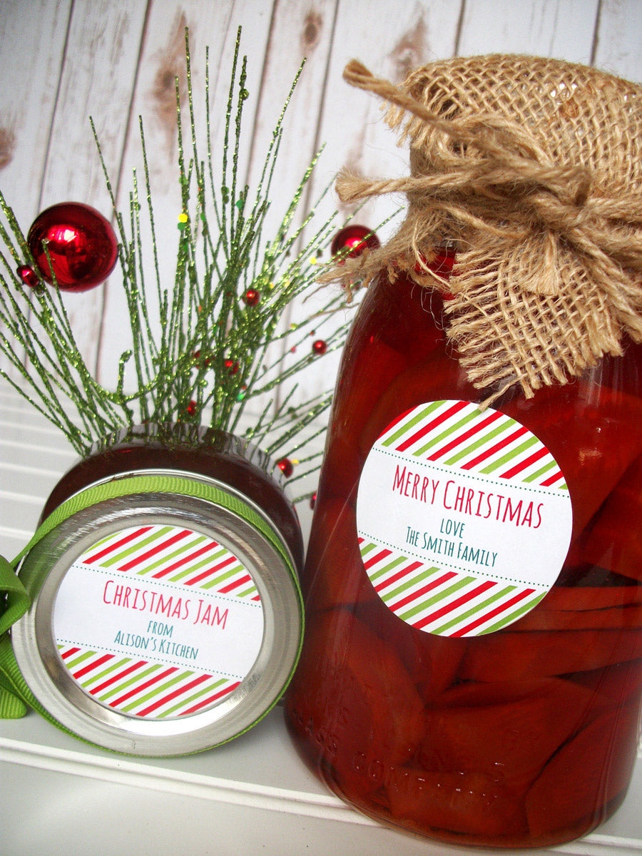 Peppermint Striped Custom Christmas Canning Labels | CanningCrafts.com