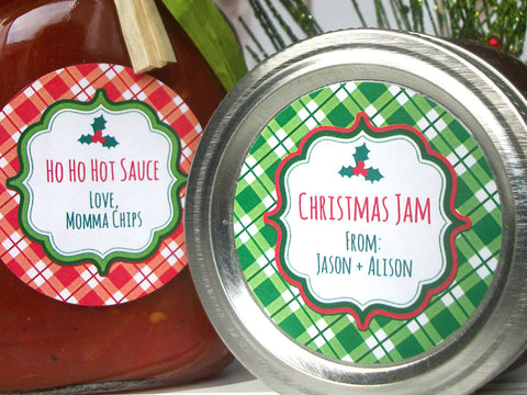 Custom red & green plaid Christmas Canning Labels | CanningCrafts.com