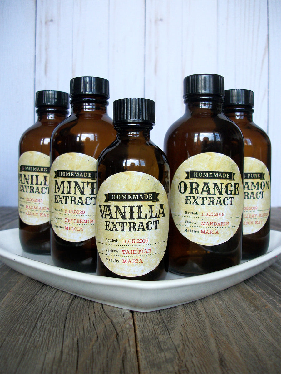 Custom Antique Almond, Vanilla, Mint, Orange, Cinnamon, & Maple Extract Bottle Labels | CanningCrafts.com