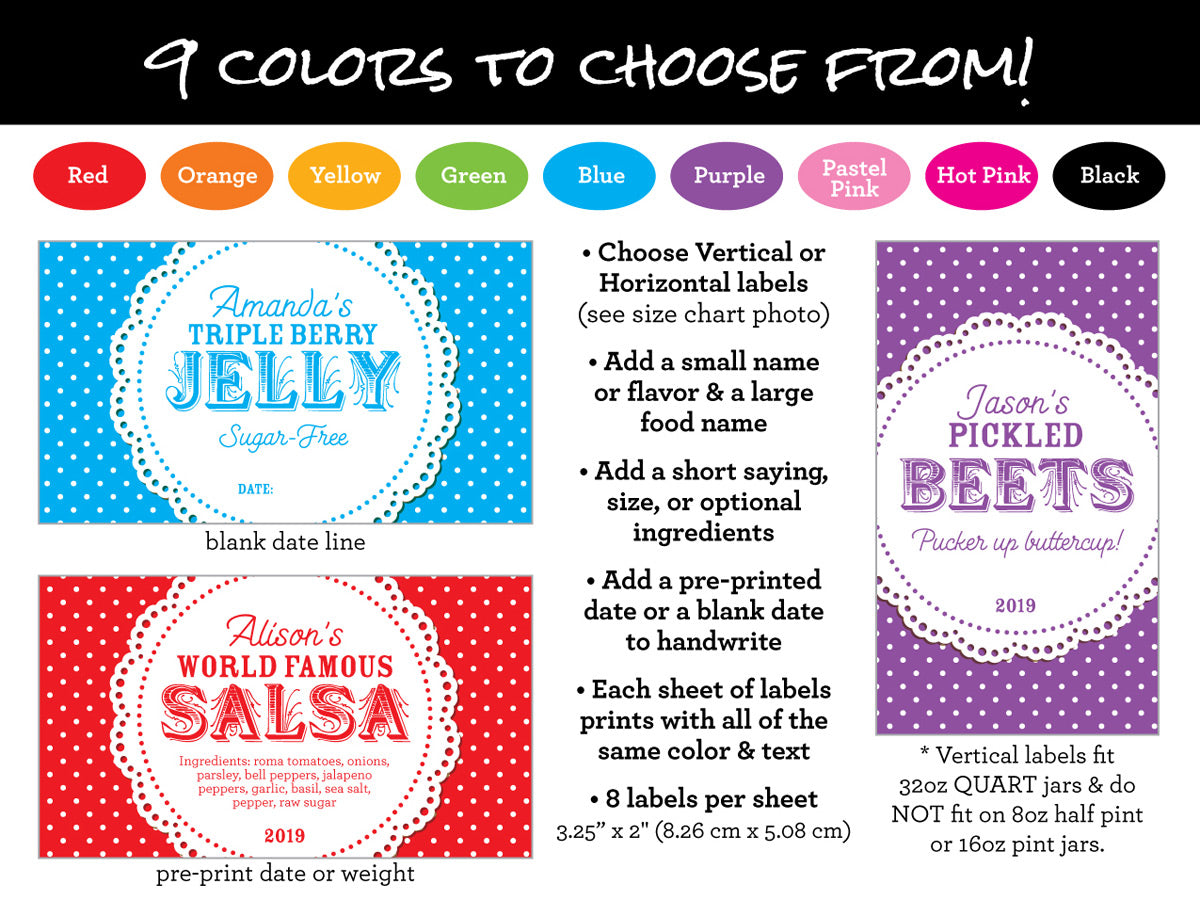 Custom Colorful Doily Rectangle Canning Labels Color Chart | CanningCrafts.com